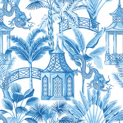 Wall Mural - Blue Chinese pagoda, dragon and palm trees seamless pattern. Chinoiserie wallpaper.