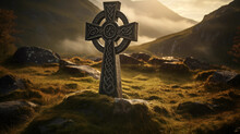 Celtic Cross In Landscape With Mountains	