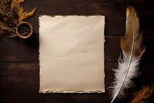 An Old Blank Sheet Of Paper Lay On The Table And A Feather Decoration Stood Next To It.