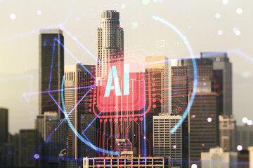 Poster - Double exposure of creative artificial Intelligence abbreviation hologram on Los Angeles office buildings background. Future technology and AI concept