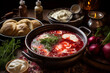 Red borscht traditional dish - barszcz czerwony Christmas food soup with cream warm