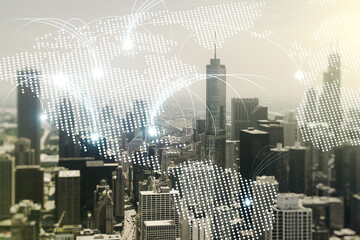 Poster - Double exposure of abstract digital world map hologram with connections on Chicago city skyscrapers background, research and strategy concept