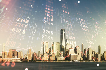 Poster - Double exposure of abstract creative statistics data hologram on New York city office buildings background, analytics and forecasting concept