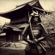 Mystical Terrifying  Martial Ronin Samurai Warrior Demon with Bushido Moral Code Attitude Wearing Demonic Japanese Armor & Holding a Katana Sword Standing in Front of Old Temple Battle Ready Sun Tzu