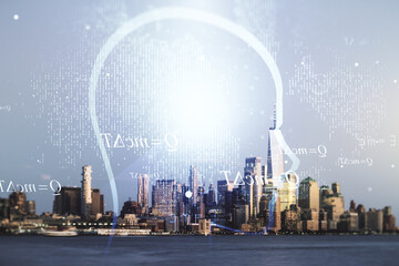 Poster - Abstract virtual artificial Intelligence interface with human head hologram on New York city skyline background. Multiexposure