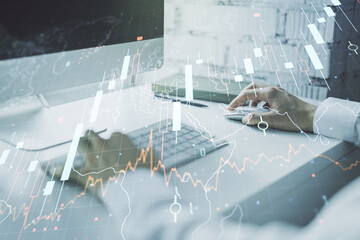Poster - Double exposure of abstract creative financial diagram with world map and with hands typing on computer keyboard on background, banking and accounting concept