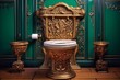 Interior of a luxury royal bathroom with a golden toilet bowl and green walls.