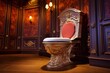Interior of a luxurious royal bathroom with a golden toilet in a palace.