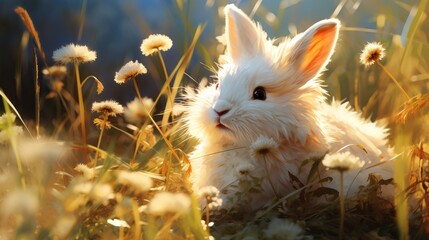 Fluffy Rabbit Resting in Lush Green Meadow