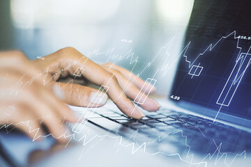 Poster - Multi exposure of abstract creative financial chart with hand typing on computer keyboard on background, research and analytics concept