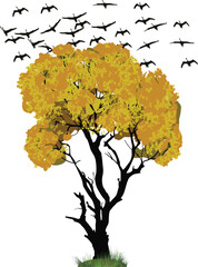 Wall Mural - dark yellow tree with flying birds