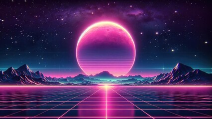 abstract retro sci-fi grid 80's, 90's neon colors night and sunset, vintage cyberpunk illustration, 