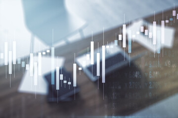 Poster - Multi exposure of abstract creative financial graph and modern desktop with computer on background, forex and investment concept