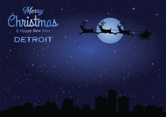 Wall Mural - Christmas and New year dark blue greeting card with Santa Claus silhouette and black panorama of the city of Detroit, Michigan - US State