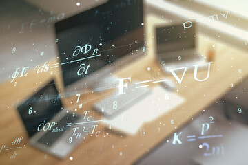 Poster - Creative scientific formula concept and modern desktop with computer on background. Multiexposure