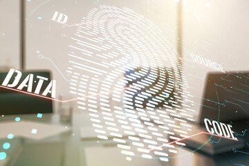 Aufkleber - Multi exposure of abstract creative fingerprint illustration and modern desktop with computer on background, digital access concept