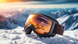 Ski or snowboard goggles lie on the snow against the backdrop of the beautiful Alpine mountains with space for text. Generative AI