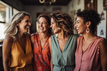 Wall Mural - Cheerful group of diverse female celebrate their friendship and healthy lifestyle while  women laughing together.