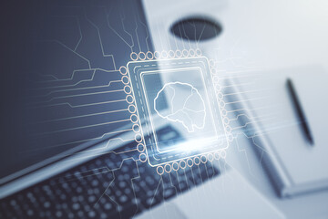 Poster - Double exposure of creative human brain microcircuit with computer on background. Future technology and AI concept