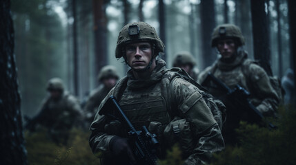 A group of modern soldiers in the forest. Gloomy background. The face of war.