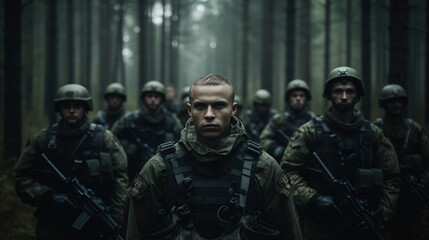 A group of modern soldiers in the forest. Gloomy background. The face of war.