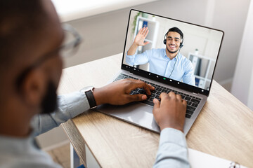 Poster - Black Businessman Using Laptop, Have Business Meeting, High-Angle View