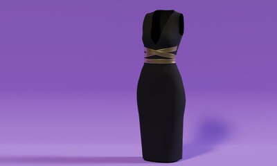 Poster - Evening black fitted dress with a gold belt and a deep neckline on a lilac background. 3d rendering