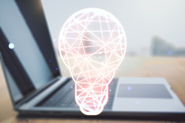 Poster - Creative light bulb illustration on modern computer background, future technology concept. Multiexposure