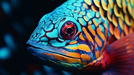 A close-up shot of a Parrotfish showcasing its intricate scales and vibrant, multicolored patterns.