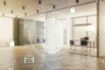 Poster - Multi exposure of virtual abstract fingerprint illustration on a modern furnished office background, digital access concept