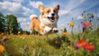 cheerful cute Welsh corgi dog run and jump in the meadow with flowers