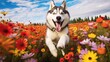 happy Husky dog running in a field of flowers