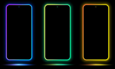 Poster - Phone mockup with gradient neon border. Modern set of phone templates with creative duotone neon frame. Mobile screen mock up, copy space for UI interface design. Vector illustration