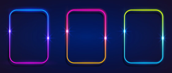 Poster - set of vector 3d render squares glowing in the dark, pink blue neon light, illuminate frame design. Abstract cosmic vibrant color backdrop. Glowing neon light. Neon frame with rounded corners.