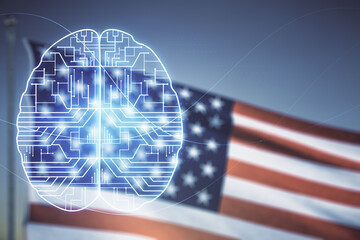 Virtual creative artificial Intelligence hologram with human brain sketch on US flag and blue sky background. Multiexposure