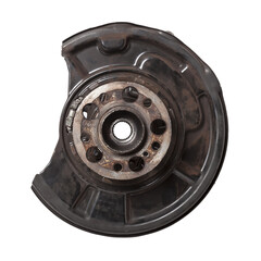 Canvas Print - A close-up of a worn metal wheel hub with oil and rust elements on a white background. Seasonal undercarriage repair and replacement of brake system parts in a workshop.