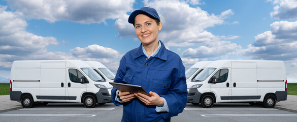 Poster - Delivery vans are parked in rows. Commercial fleet.