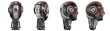 Futuristic robot head or very detailed humanoid face. Collage or set of four different angles. Isolated on transparent background. 3d rendering
