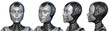 Futuristic robot woman or very detailed humanoid lady. Collage or set of four different angles of head or face. Isolated on transparent background. 3d rendering
