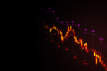 Wall Mural - Abstract downward red candlestick forex chart on dark background with mock up place. Crisis, falling stock market and recession concept. 3D Rendering.