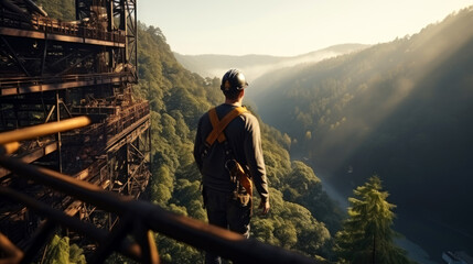 Wall Mural - Engineer Technician Watching Team of Workers on High Steel Platform