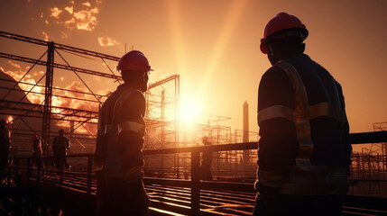 Wall Mural - Engineer Technician Watching Team of Workers on High Steel Platform