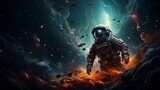 Fototapeta Do akwarium - A young astronaut floats in the zero gravity of a vibrant nebula, their gaze filled with wonder and solitude in the vastness of space, style sci-fi