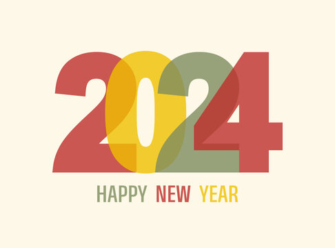 Greeting card with colorful number 2024 and text Happy New Year on a beige background. Flat vector illustration in risograph style