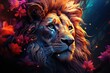 A shot of lion head. with neon lights red eyes wallpaper concept Generative AI