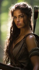 Wall Mural - A female woman holding an arrow in a forest tree, in the style of movie still, light brown and bronze with strong facial expression