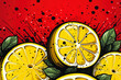 Lemons on a red background. Lemons in bright colorful pop-art style. Image of close-up fruit in the style of pop art. Juicy yellow lemons.
