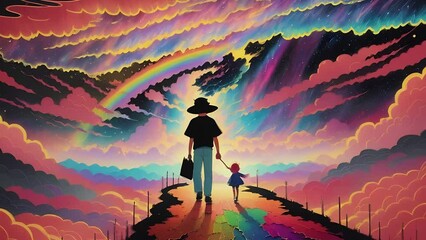 Wall Mural - Boy on background of futuristic cosmic animation. Colorful night sky with stars and galaxies . AI generated cosmic animation with transformations