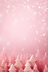 Pink Christmas background with fir trees, snow and empty space. Copy space for your text. Merry Xmas, Happy New Year. Festive vertical backdrop.