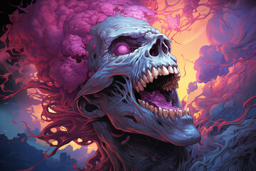 Zombie apocalypse. walking dead man in close-up. A ghoul. Colorful illustration.